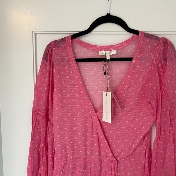 LoveShackFancy Bevelyn Pink White Polka Dot Wrap Dress Long Sleeves Front Slit - Picture 7 of 12